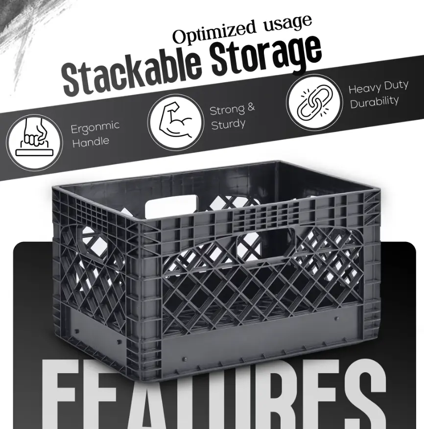 Juggernaut Storage 24QT Heavy-Duty Plastic Milk Crate - Black, Stackable Storage Organizer for Home, Garage