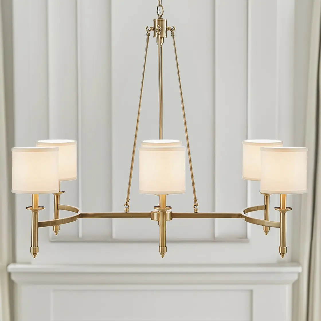 Antique Gold 6-Light Chandelier with Fabric Drum Shades