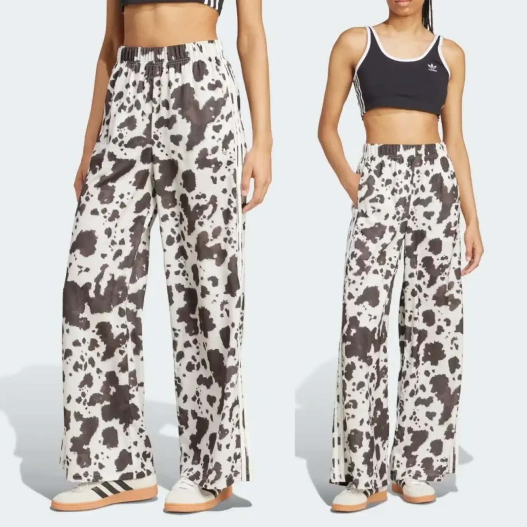 Adidas Originals Women's Trendy Aesthetic Chic Smooth Animal Print Satin Wide Leg Pants, Style KA2668, Trend, Baggy, Bottom, Everyday, Festival, Sporty, Comfortable
