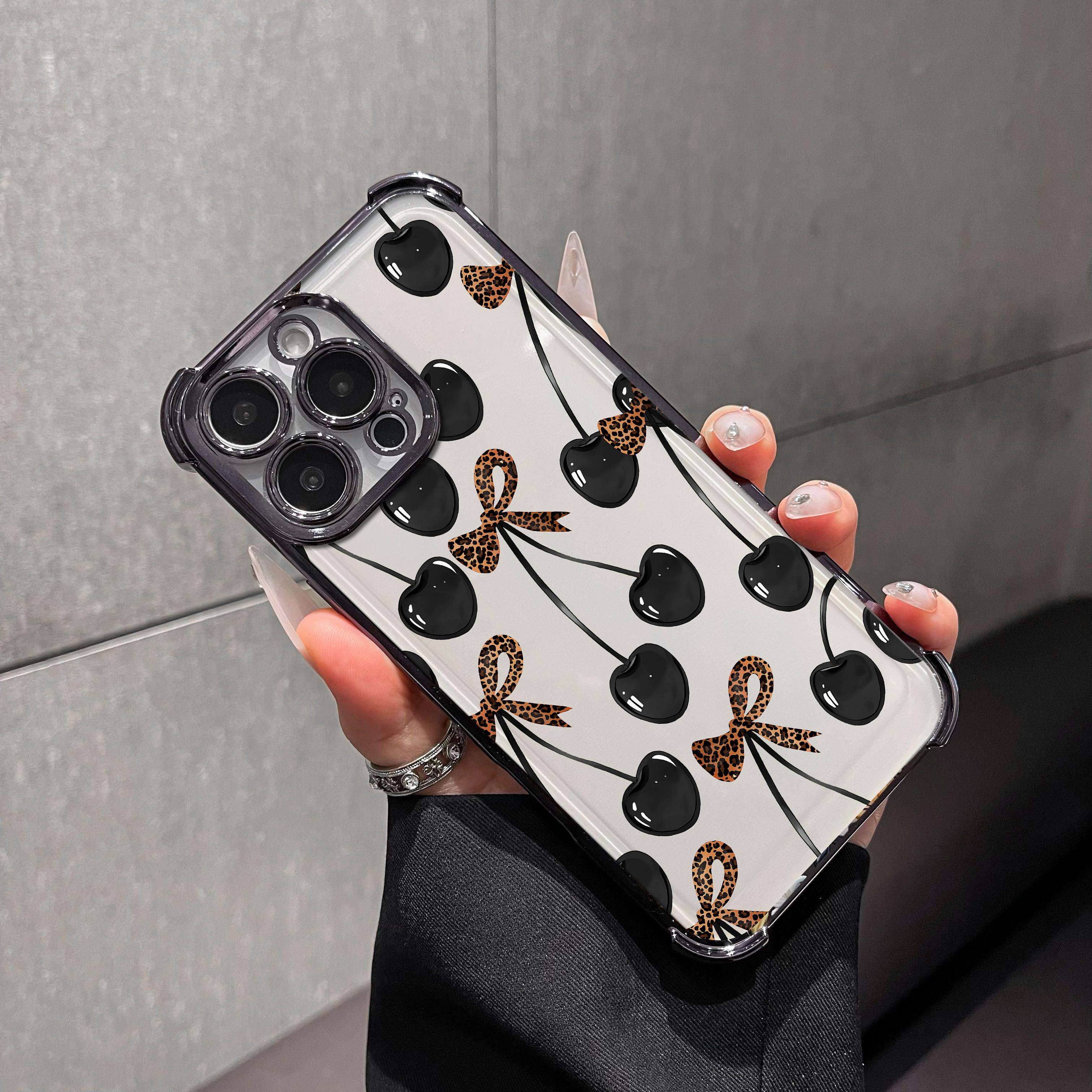 Cherry leopard print bow pattern four-corner shockproof transparent electroplated protective phone casefor iPhone Samsung Galaxy 17 Air 16Pro Max 15 14Plus 13 12 11XR XS S25 S24 S23,Simple and stylish camera Protection DurablePhone Case.HY65