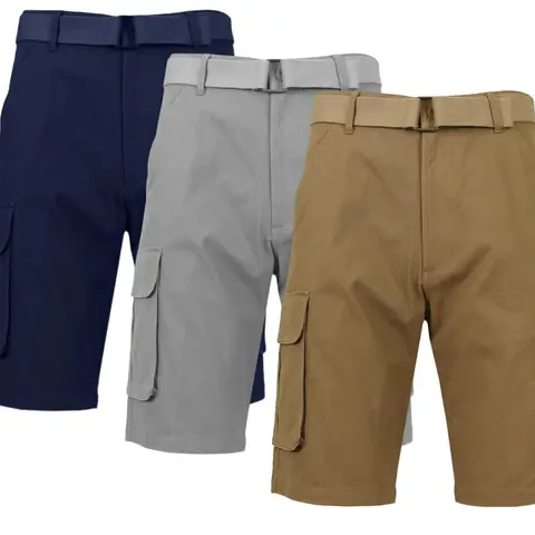 Men's 3-Pack Plain Cotton Elastane Stretch Cargo Shorts - Loose Fit, All Seasons, Double-Stitched Hem, 6-Pocket Design (Back, Large Side, 2-Side Cargo Stash), Button, D-Ring Belt for Casual Sport Use