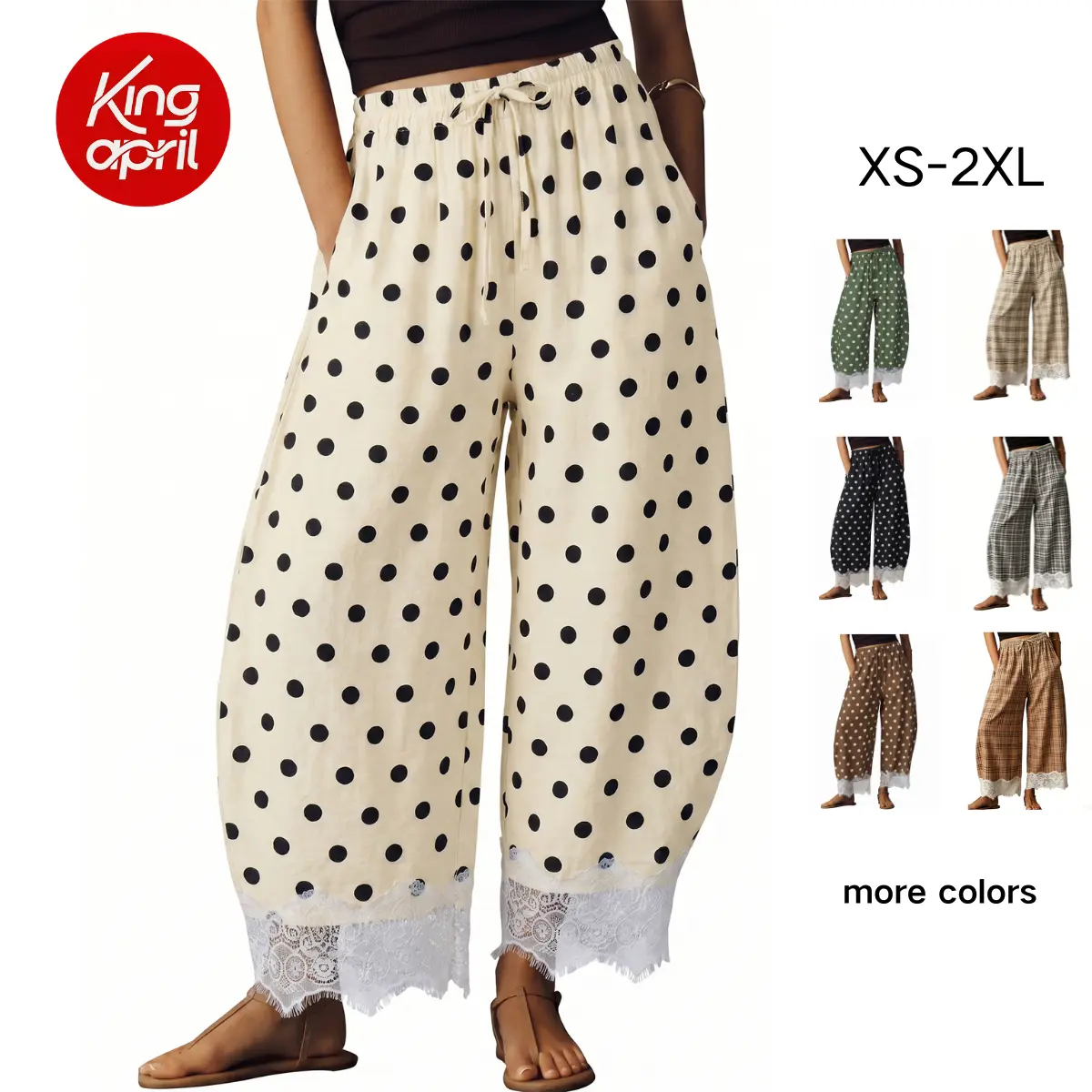 Kingapril Womens Polka Dot Wide Leg Palazzo Pants High Waisted Summer Lace Trim Cropped Baggy Trousers with Pockets,back to school shopping,clothes for back to school,first day of school outfits