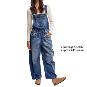 Flamingals Wash Patch Pocket Stitch Detail Barrel Leg Denim Overalls