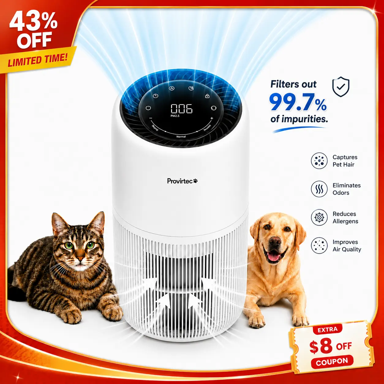 Provirtec Pet Air Purifier for Home Bedroom, Bonus 2 Extra Filters,Up to 1500 sq.ft, 5-Stage H13 True HEPA, All-Around Grille Intake, Enhanced Activated Carbon for Cat Litter Smell Dog Hair Dander Allergies, Washable Pre-Filter, Auto Quiet Sleep Mode