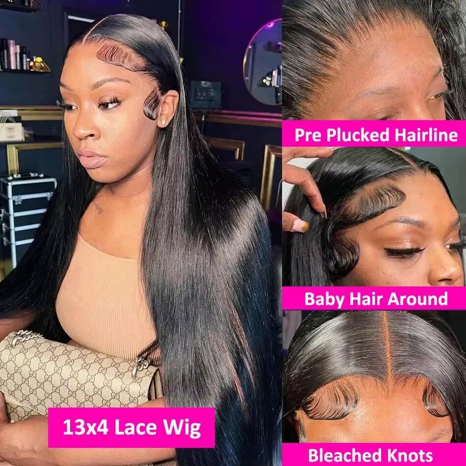 Straight Human Hair Wig 13x4 HD Transparent Lace Front Wigs Human Hair Glueless Human Hair Wigs for Women Brazilian Virgin Lace Frontal Wig 180% Density Pre Plucked Hairline with Baby Hair Black Color