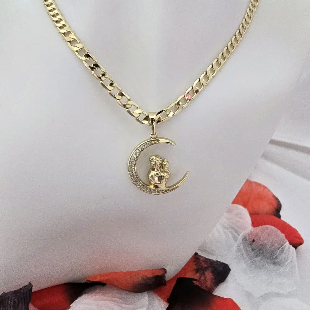14-Karat Gold-Plated Cosmic Moon Pendant Necklace - Embellished Sparkling 14-Karat Gold Chain Necklace, Embellished Chain Necklaces