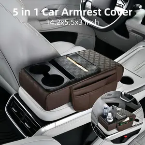 5 in 1 Car Center Console Armrest Cover Pillow, 14.2x5.5x3 inch Leather Memory Foam Armrest Box Cover Protector Cushion Organizer Waterproof with Cup Holder & Phone Holder & Tissue Box, Universal Car Interior Accessories for Stowing & Tidying Universal