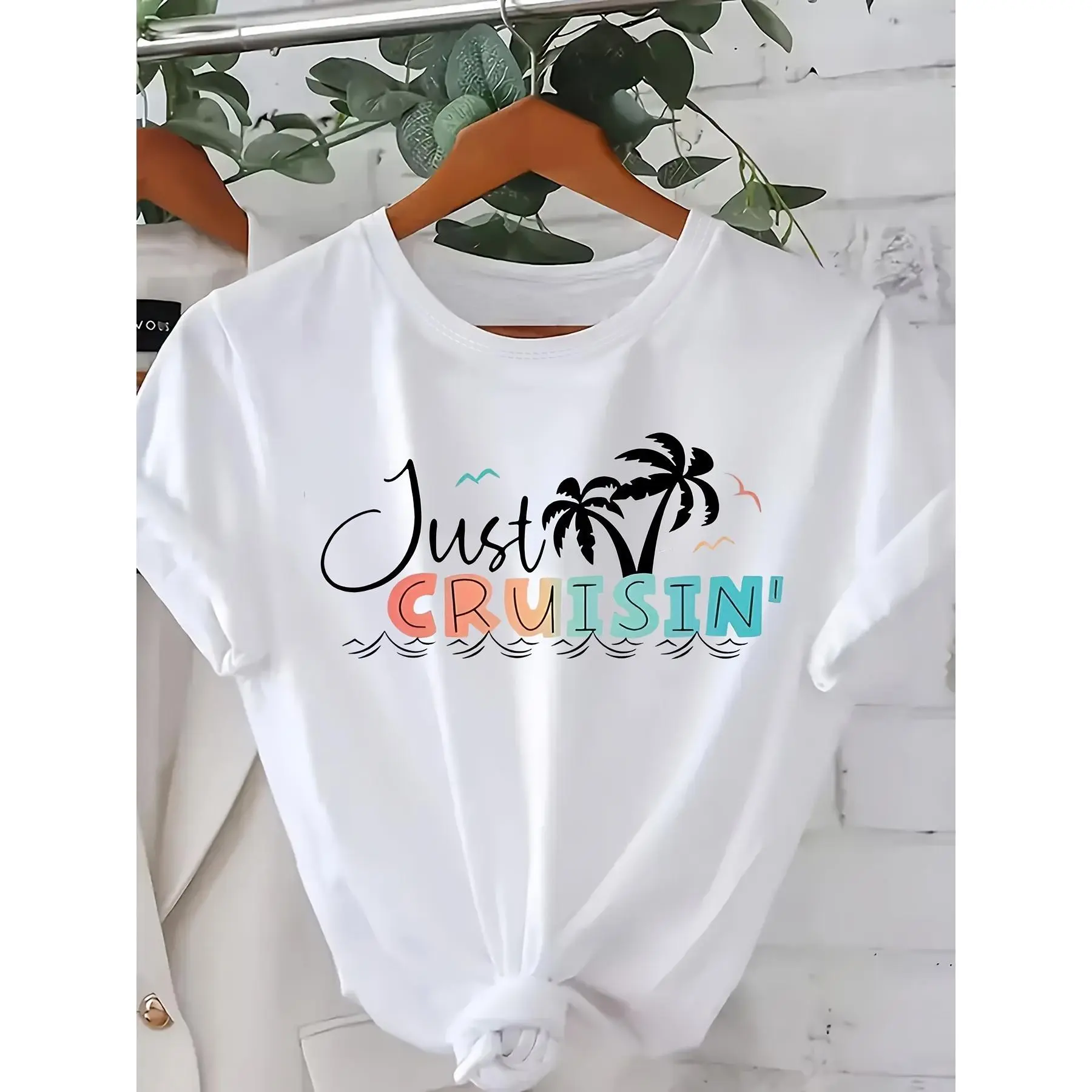 Women's 100% Cotton Knit Casual Graphic T-Shirt - Coconut Tree Print, Short Sleeve, Round Neck, Fitted Summer Top, Tshirt, Graphic Print, Knitting, Casual Wear, Pure Cotton