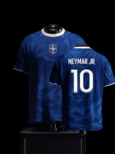 Neymar Jr. #10 Brazil Team Blue Christ the Redeemer Print Soccer Jersey Soccer Shirt White Number Breathable Quick Dry Short Sleeve Sports Tops for Neymar Fans, Brazil Supporters, Football Collectors & Streetwear Enthusiasts