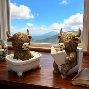 Highland Cow Toilet Seat Cover Statue with Reading Book, Fun Bathroom Decoration, Cute Animal Design, Farmhouse Style, Unique Gift Idea, Perfect for Bathrooms & Offices