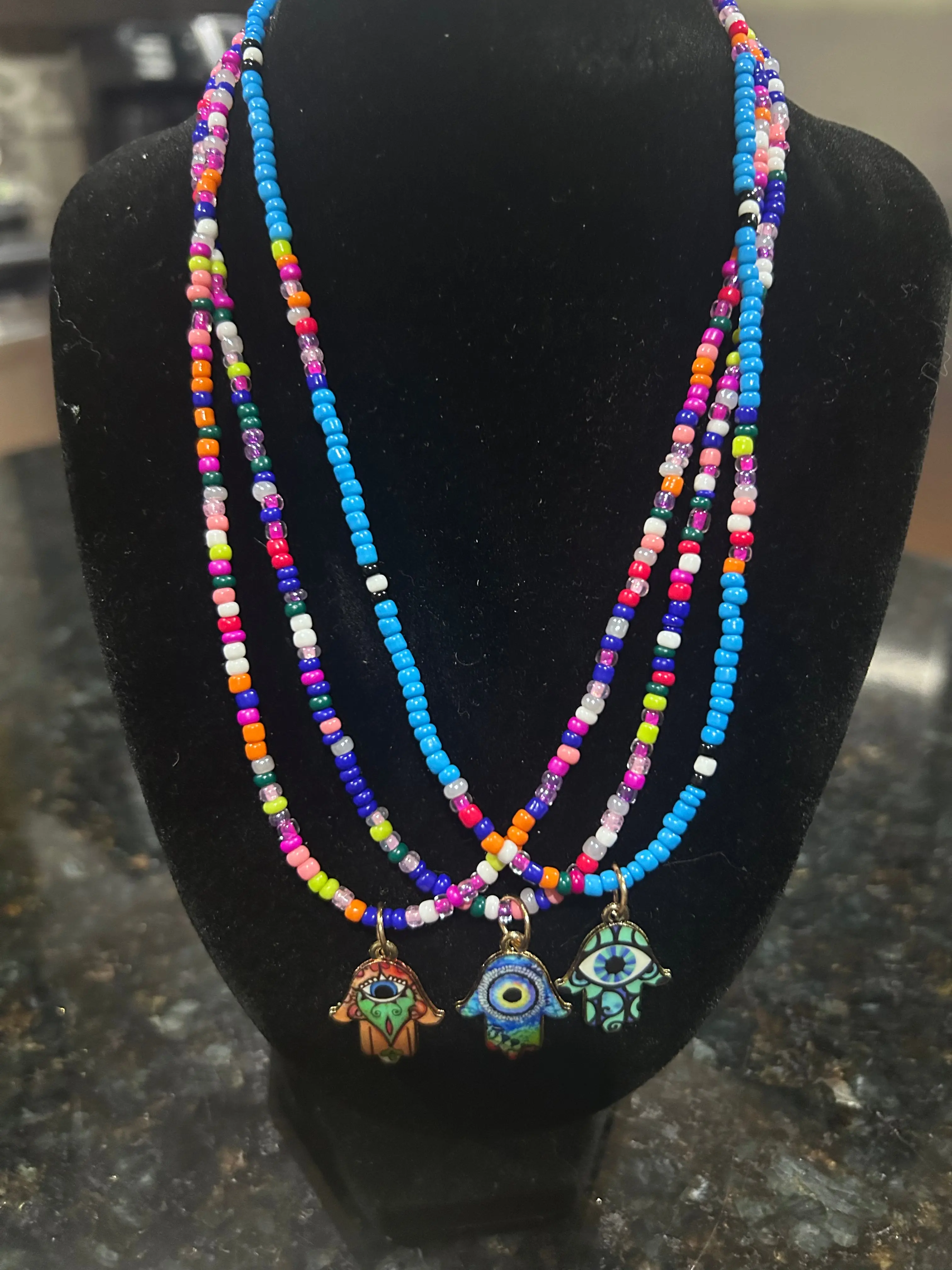 Custom Seed Beaded Hamsa Hand of Fatima Evil Eye Protection Necklace