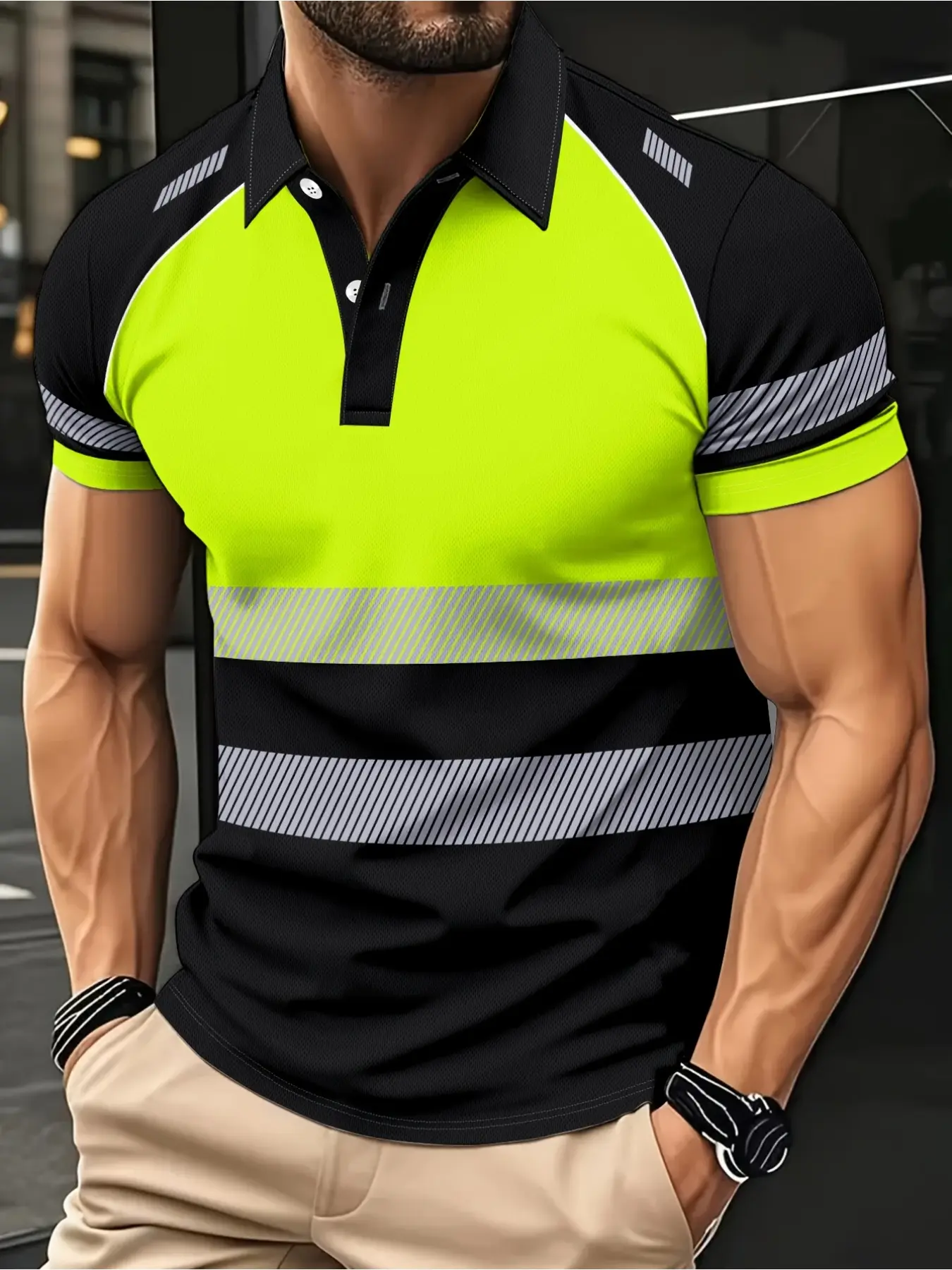 Men's casual summer striped print short-sleeved Polo shirt, available in neon green, made of lightweight and breathable fabric, machine washable with a turned-down collar, outdoor sports Polo shirt, Lightweight Breathable Polos, Casual Polo Shirts
