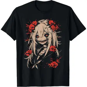 100% Cotton Horror Anime Manga |   Japan Japanese Creepy Kawaii Goth T-Shirt. - Black Short Sleeve Casual Street Trend T-Shirt All Season Comfort Fit Breathable Crew Neck T-Shirt for Horror Fans, Comfortable to Wear