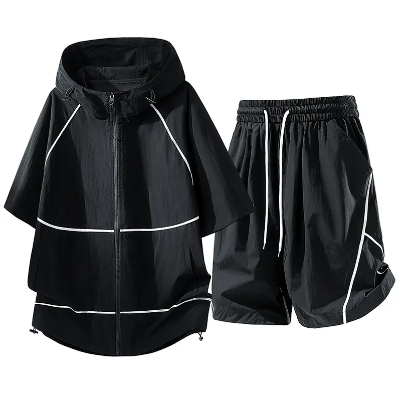 Men's Two Piece Hooded Short Sleeve Tracksuit, Full Zip Contrast Piping Top With Hem Toggle Cords Matching Elastic Drawstring Waist Shorts Lightweight Quick Dry Fabric Standard Silhouette Co-Ord Set For Summer Sports Running Daily Outdoor Leisure