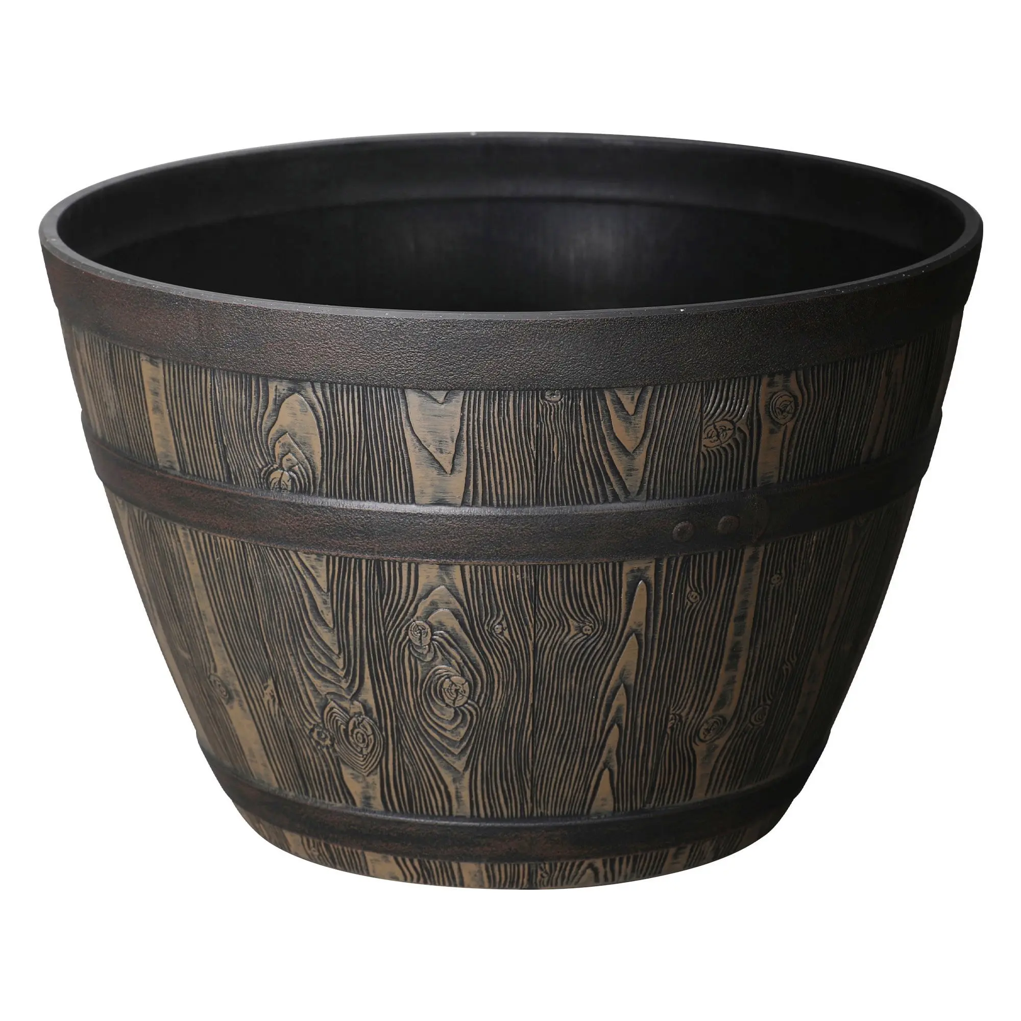 Whiskey Barrel Planter, Brown, 19.9x19.9x13 Inch - 100% Recycled Resin Pot with Drainage Holes - UV Resistant Indoor Outdoor Rustic Plant Barrel