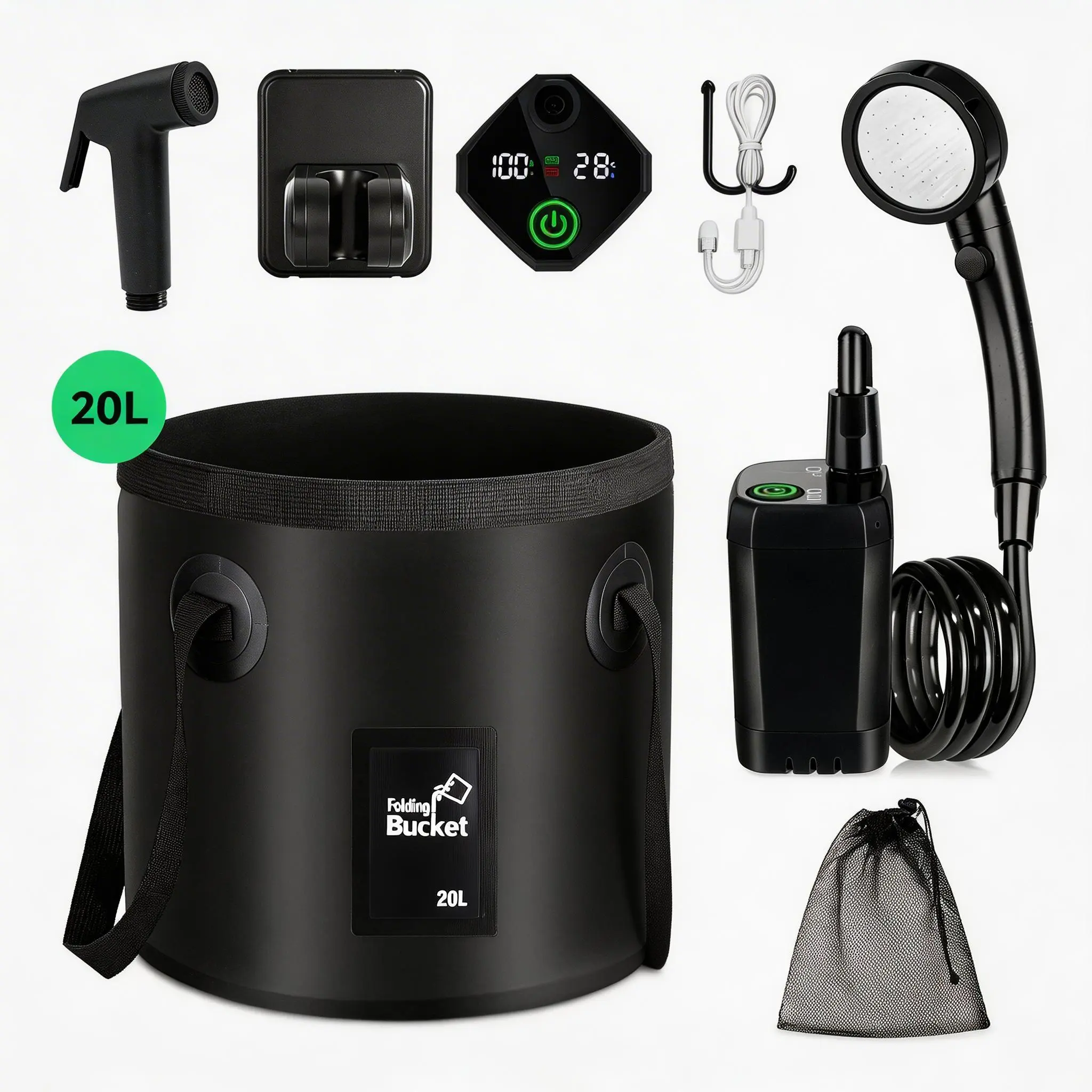 Senmeo Portable Outdoor Camping Shower with Rechargeable Pump USB Electric for Beach Hiking Pet Bathing Ideal for Outdoor Enthusiasts 20L Folding Bucket