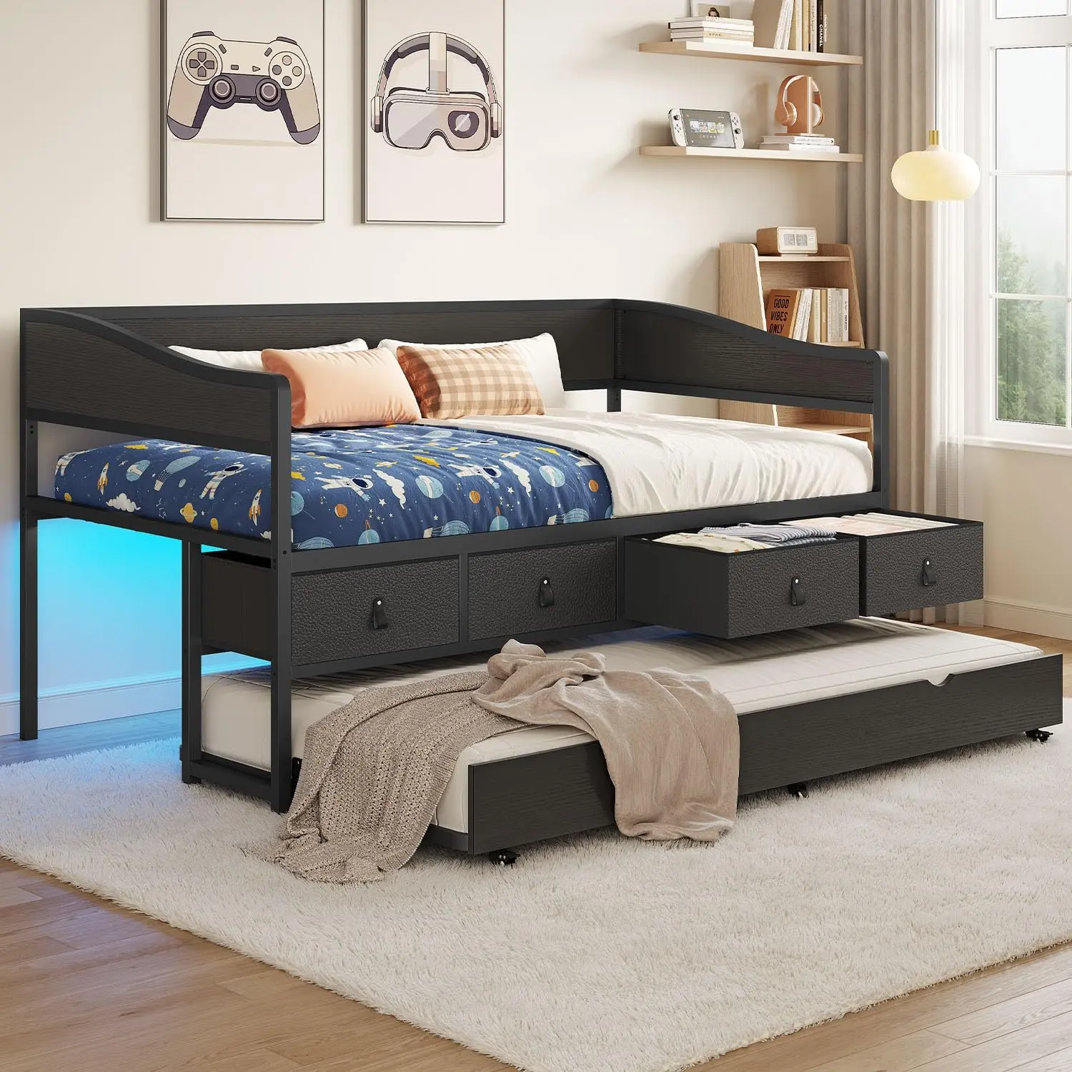 ADORNEVE Twin Daybed with Trundle - Heavy Duty Freestanding Twin Bed Frame (Metal Frame Material), 4 Storage Drawers, LED Light, Sofa Day Bed for Living Room, Bedroom, Fold-Out Beds