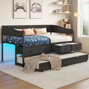 ADORNEVE Twin Daybed with Trundle, Metal Trundle Bed Twin with 4 Storage Drawers and LED Light, Sofa Day Bed Frame with Strong Supports for Living Room, Bedroom and Guest Room