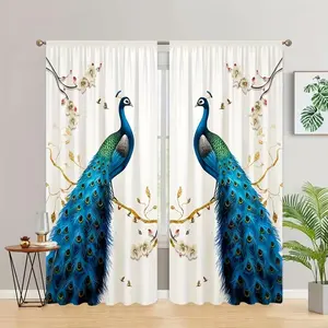 2 Piece Peacock Print Curtains, Rod Pocket Design, Half-Transparent Privacy Curtains, Easy to Hang, for Bedroom, Living Room, Kitchen, Closet, Home Decor, Home Decorative Curtain, Window Drapes