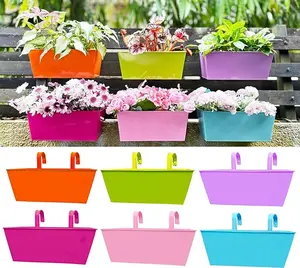 Rail Planter for Outdoor Plants (6 Pack, 12 Inch) Colorful Metal Rectangle Railing Hanging Planters Flower Pots, Deck Fence Bucket Strawberry Window Box Plant Holder with Hooks Outdoor Decor