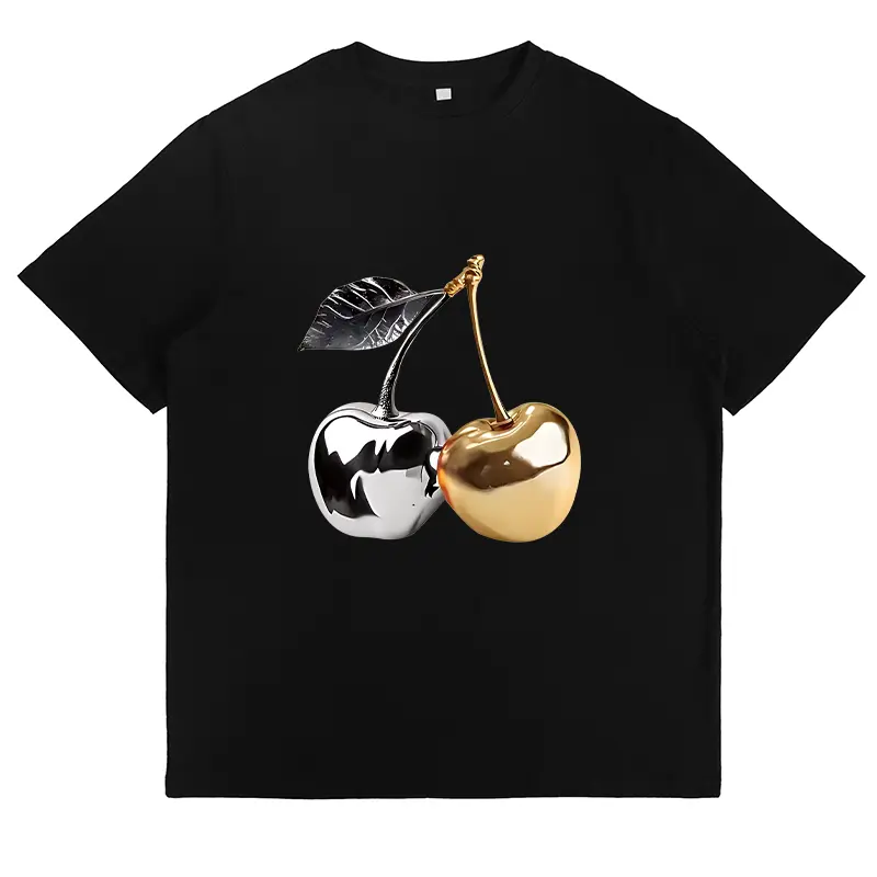 Womens Cherry Graphic Tee Metallic Silver Gold Fruit Print Crewneck Short Sleeve Casual Loose Fit Cotton Summer Streetwear Y2K Cute Outfit Vacation Gift Top