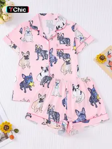 Women's Spring Summer Sleepwear Set, Cute Dog Animal Print, Romantic Valentine Gift, Comfortable Shirt Collar Top & Loose Elastic Shorts