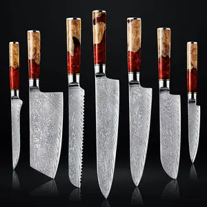 67-Layer Damascus Steel Kitchen Knife Set with Red Resin Handles - 7-Piece Japanese Chef Knife Set "Tsunami" Collection, Forged from Japanese VG10 Steel - Senken Knives