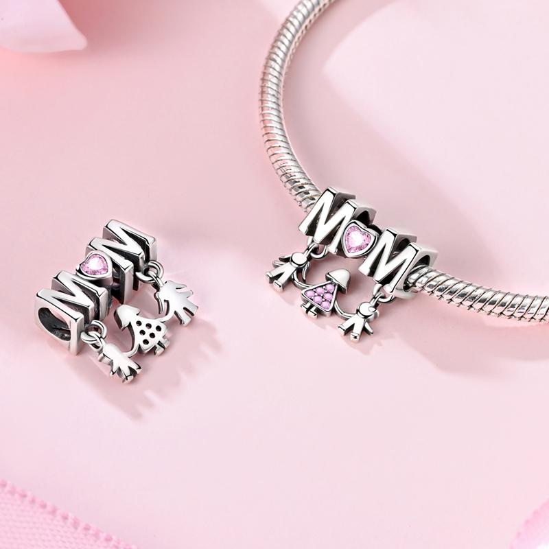 MULA Mom and Child Holding Hands S925 Sterling Silver Beads with Pink CZ Hearts - Perfect for Mother's Day, Birthdays and Family Celebrations, Compatible with Pandora Bracelets and Necklaces