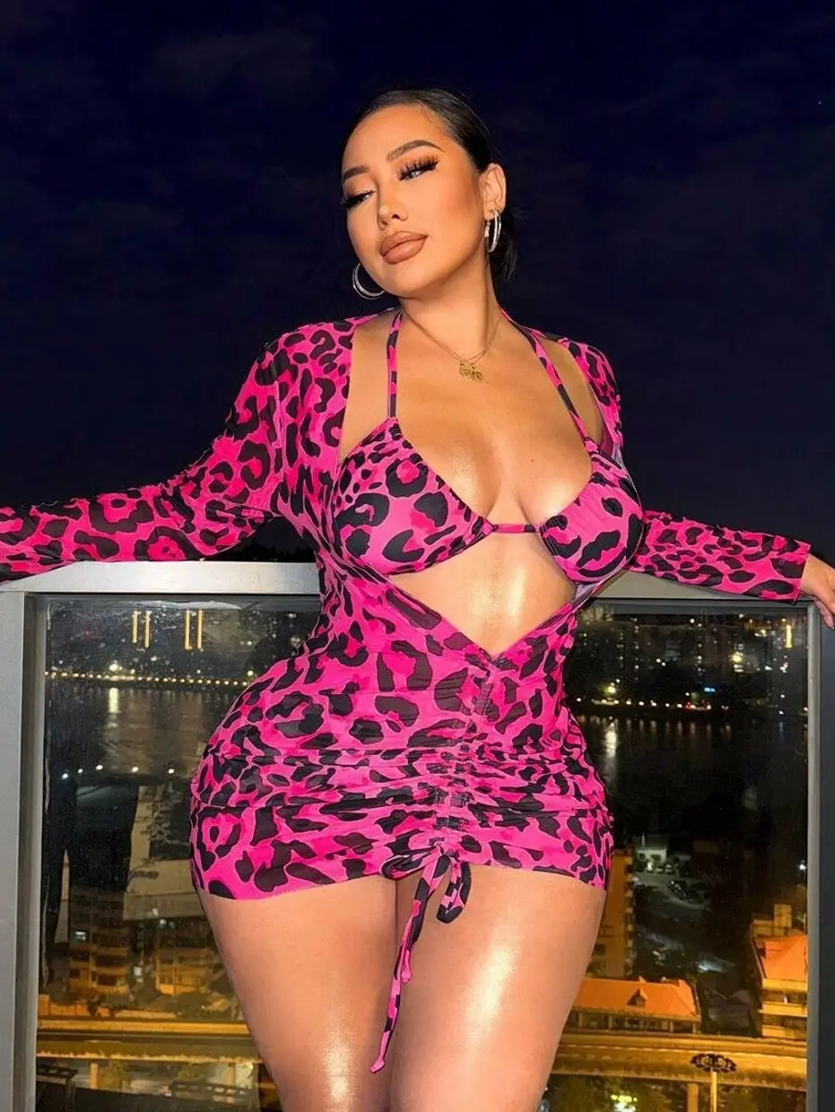 Plus Size Leopard Print 3 Piece Bikini Set - Summer Beach Vacation Swimwear - Animal Print Trend