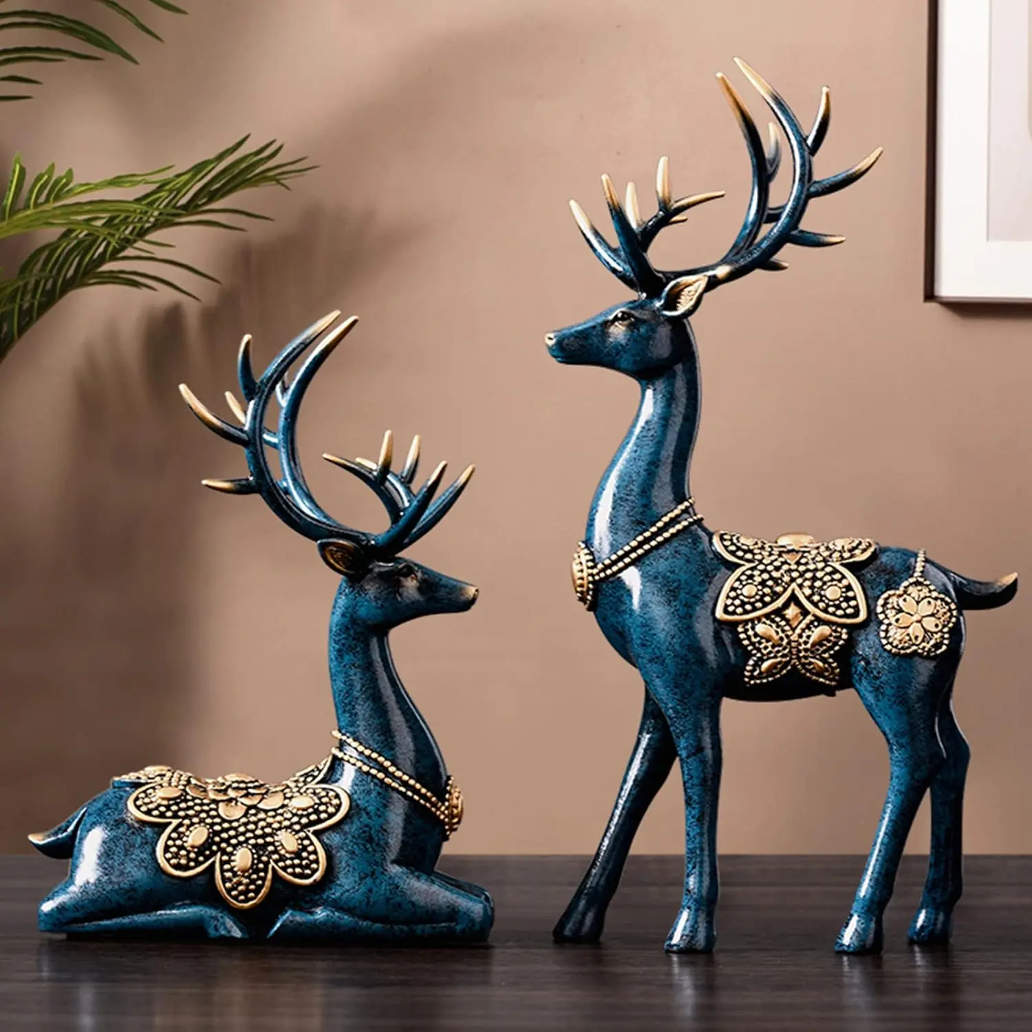 2PCS Retro Resin Christmas Deer Decor Set - Durable, Corrosion Resistant Sitting & Standing Figurines, Decorative Home Ornament, Collector-Focused Sculptures for Office Tabletop Accessories (11.4inx7.1in, 7.9inx6.7in), Figurines For Collectors