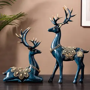 2PCS Christmas Deer Decor Reindeer Statues, Resin Reindeer Sitting Standing Deer Collectible Figurines Home Office Tabletop Ornament Elegant Room Set
