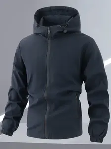 Men's Lightweight Long Sleeve Windproof Jacket Coats with Zipper Pockets, Hooded Design, Polyester Fabric, Casual Outdoor Wear, Casual Style Outerwear, Casual Fashionable Jacket