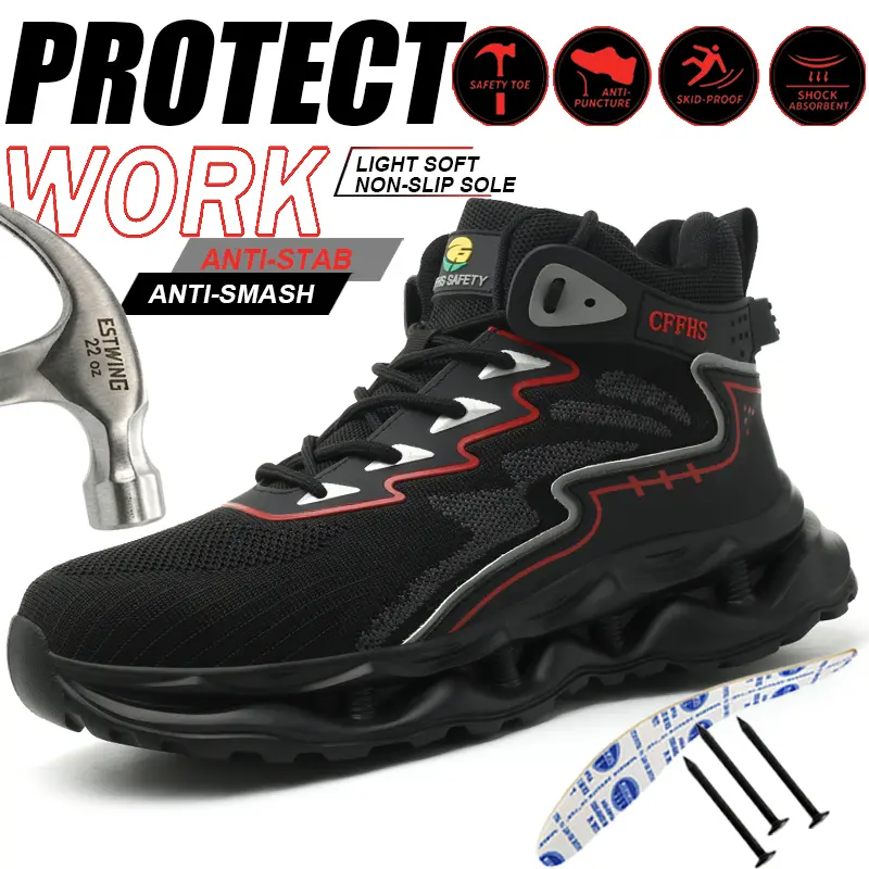 Men's Wide Safety Work Shoes - Composite Steel Toe Low Top Ankle Boots, Flyknit Mesh Upper, Breathable Fabric, Lace-Up, Side Zip, EVA, PU for Outdoors, Construction, Multi-Function
