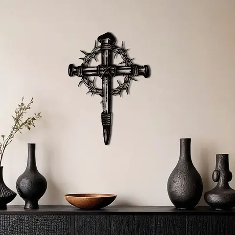 Metal Cross Wall Art - Decorative Wall-Mounted Ornate Religious Faith Decor, Unique Design Christian Hanging Ornament for Indoor Home/Office, Gift for Christians