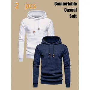 Men's Grid-Quilted Hoodie: White/Navy Color with Drawstring Design - Soft Casual Wear