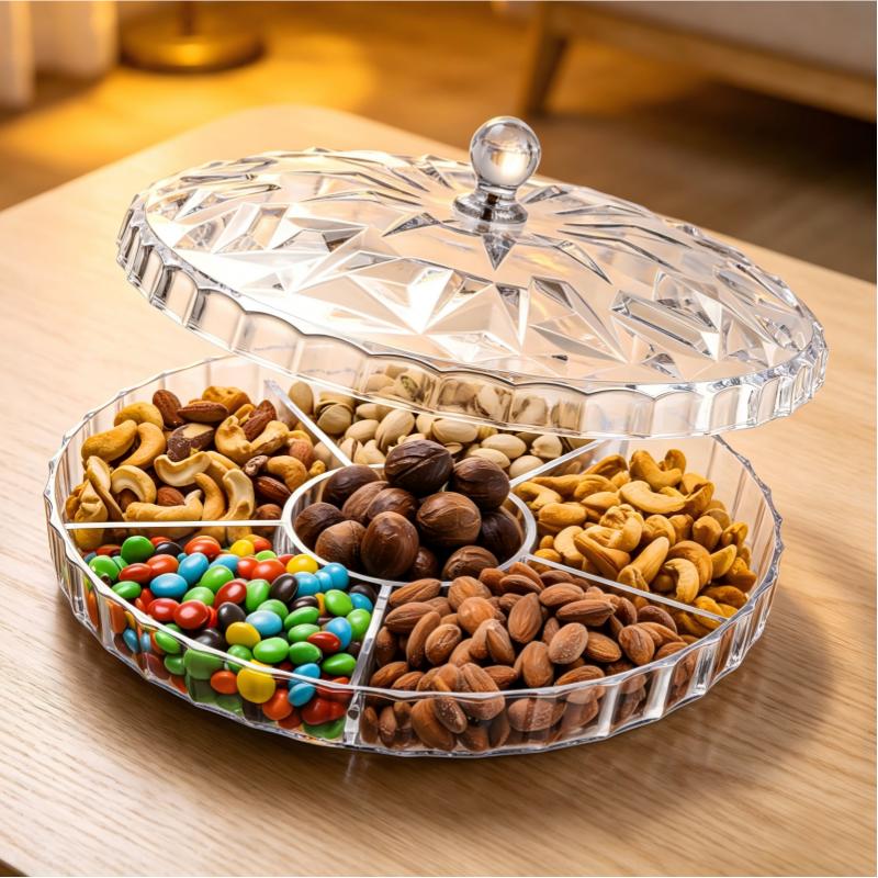 Snack Serving Tray, 12" Appetizer Tray with Lid, 6 Compartments Round Plastic Food Storage Organizer for Dried Fruits, Nuts, Candies, Cookies and Fruits (Clear)