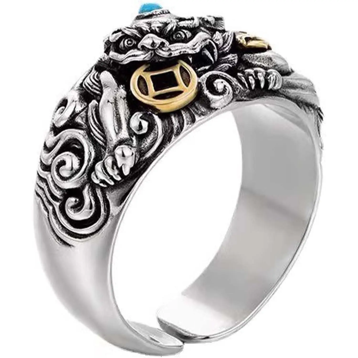HETICA Feng Shui Pixiu Adjustable Open Ring Copper Coin Luck Beliefs Wealth Jewelry for Men Women