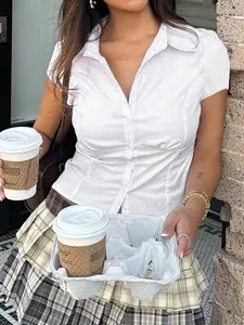 Elegant High Neck Slim Fit Summer Short Sleeve Button Women Shirt Top, Casual Puff Sleeve Blouse for Office Wear, Perfect for Daily Commuting