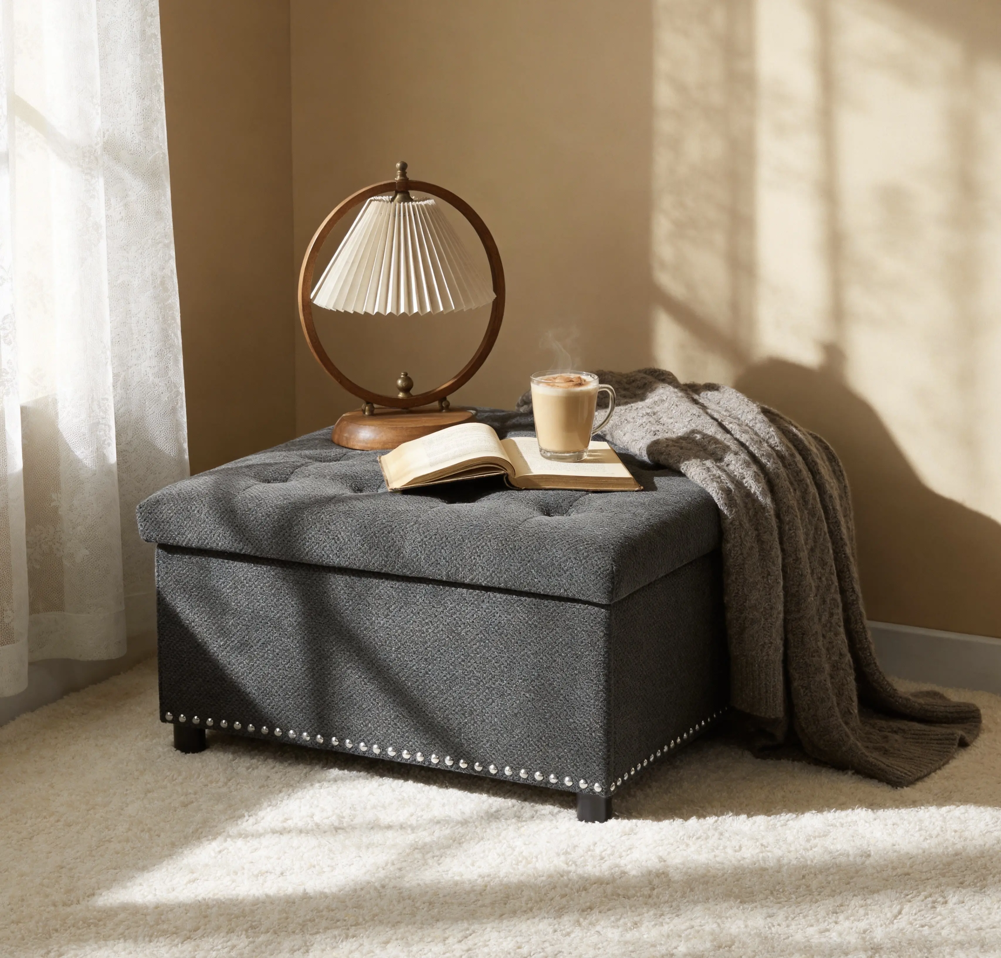 Square Tufted Storage Ottoman with Nailhead Trim, Dark Grey Upholstered Footstool, Hidden Compartment, Wood Frame, 30x30x16.25 in