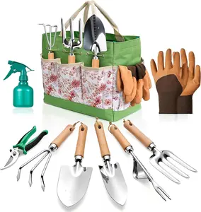 Gardening Tools 9 Packs Garden Tools Set with Heavy-Duty Stainless Steel Hand Tools, Durable Storage Bag & Anti-Slip Rubber Gloves, Ideal Gardening Gifts
