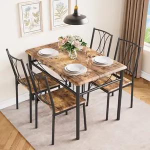 Garvee Space-Saving 5-Piece Dining Table Set for 4 - Rectangular Kitchen Table and Chairs, Durable Metal and Wood Construction, Ideal for Apartments and Small Spaces, Classic Brown Finish