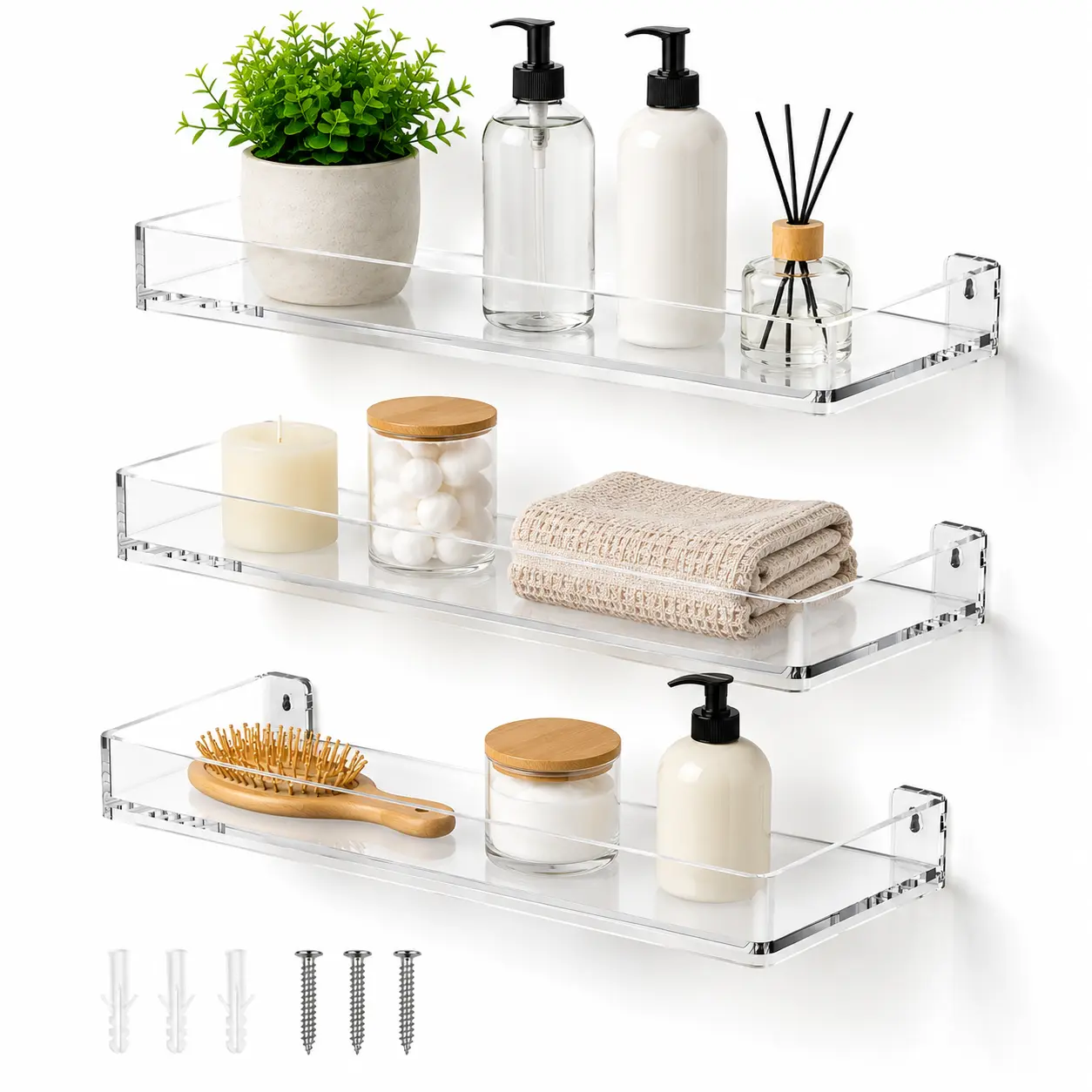 MaxGear Clear Acrylic Floating Shelves, Full-Enclosed Wall-Mounted Storage Organizer with Raised Edges, Space-Saving Display Shelf, Pre-Drilled for Easy Installation, Perfect for Bathroom, Bedroom, Kitchen, Living Room & Home Decor
