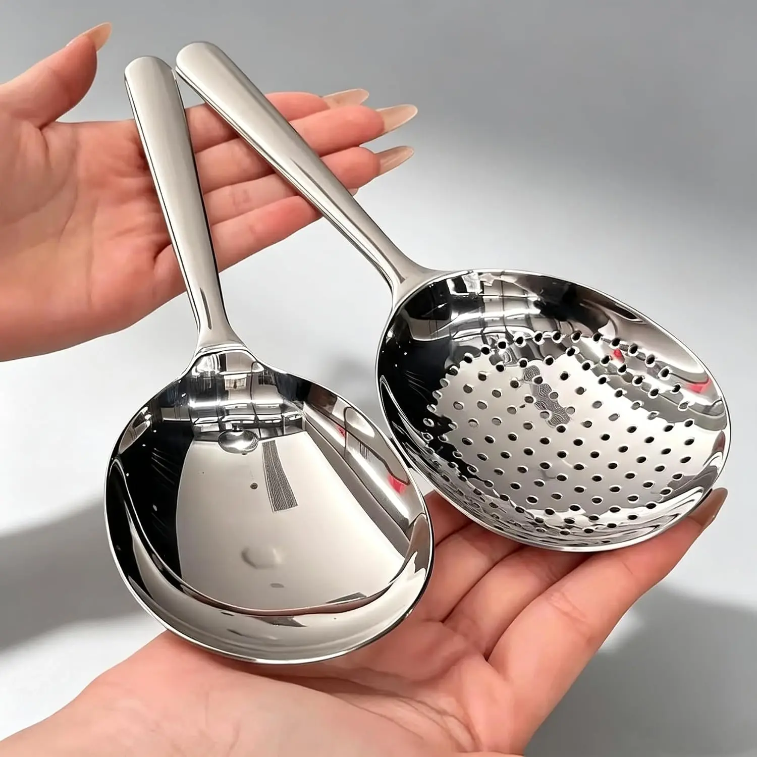 Stainless Steel Serving Spoons Set, 2 Counts Modern Durable Long Handle Spoon, Spoon, a solid and slotted kitchen utensil used for soup, cooking, and serving dishes, Dinnerware Utensils, Sleek Scoop