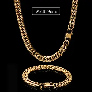 Gab 9MM Unisex Solid 316L Stainless  Steel Cuban Chain Set Necklace Bracelet ,For Everyone For Gift, With Gift Box
