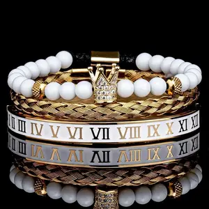 Luxury Set Crown Charm Golden Crown Leopard Head Bracelet Stainless Steel Men's Bracelet White Porcelain Beads Roman Numerals Fashion Jewelry Bracelet