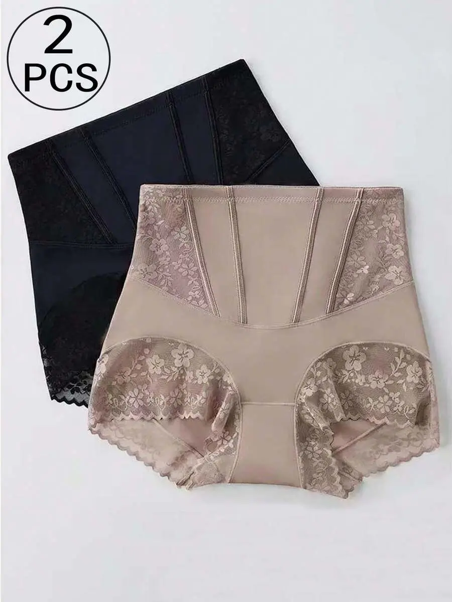 VYNCE 2pcs High Waist Firming Shapewear Panties, Suitable For Women, Post Partum Abdomen Shaping, Lace Detail, Breathable Nylon Blend, Hand Wash, Waist Shaping Underwear