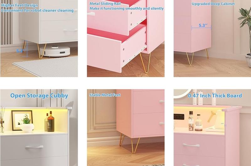GARVEE Dresser with LED Light for Bedroom 6 Drawer, Wooden Dressers with Charging Station, Large Double Dresser with Wide Drawers, Modern Chests of Drawers for Living Room, Hallway, TV Stand