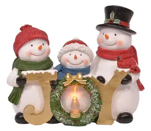 Snowman Family LED Tabletop Figurine with Joy Script, 8 Inch Battery Operated Christmas Holiday Decor