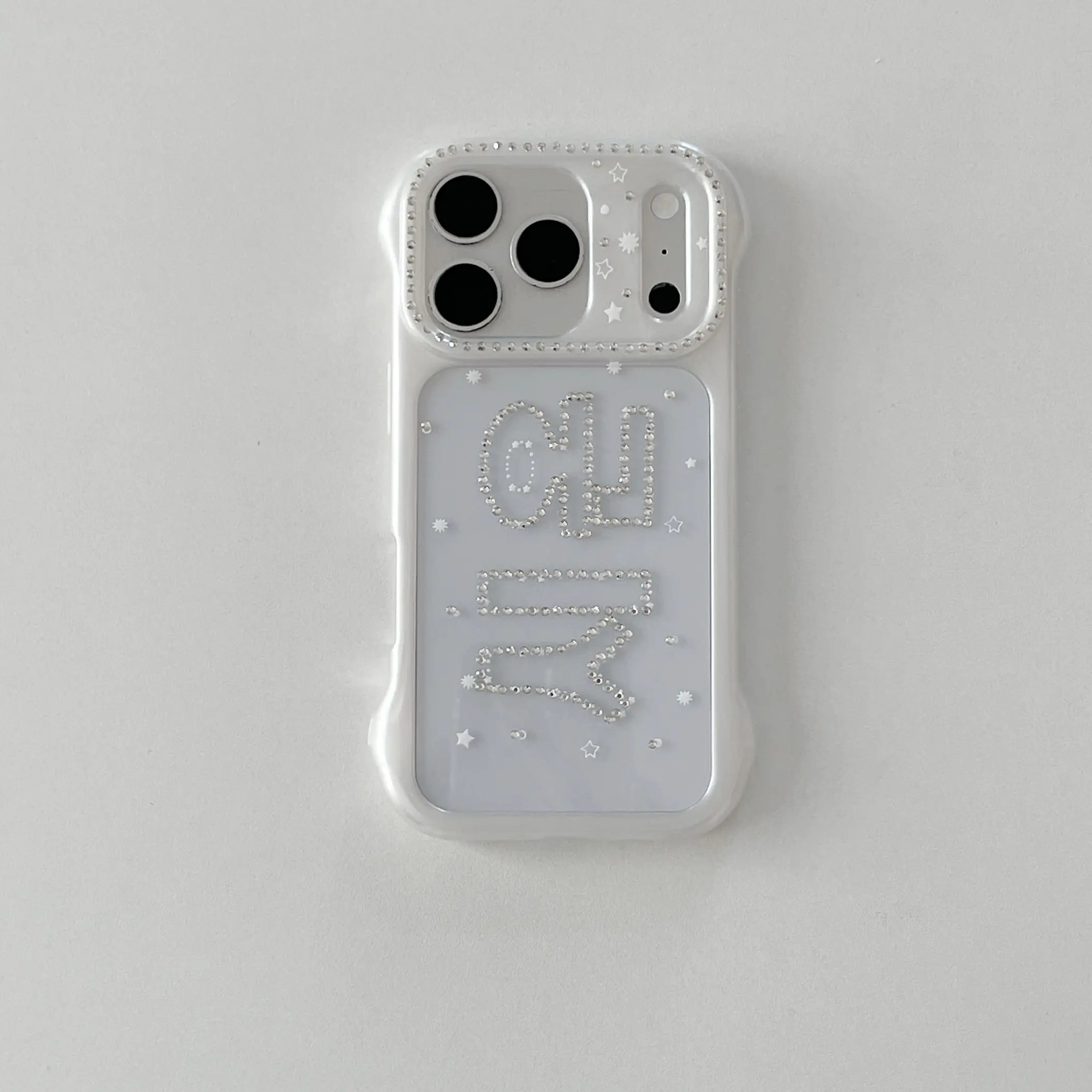 Korean Ins Rhinestone Letter Mirror iPhone Case, Star Metal Charm Chain, Bling Camera Frame, Shockproof Protective Phone Cover