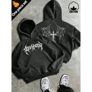 Men's Distressed Thorn Cross Hoodie Set, Gothic Tribe Cotton Two-Piece, Loose Fit, Urban Dark Aesthetic Streetwear